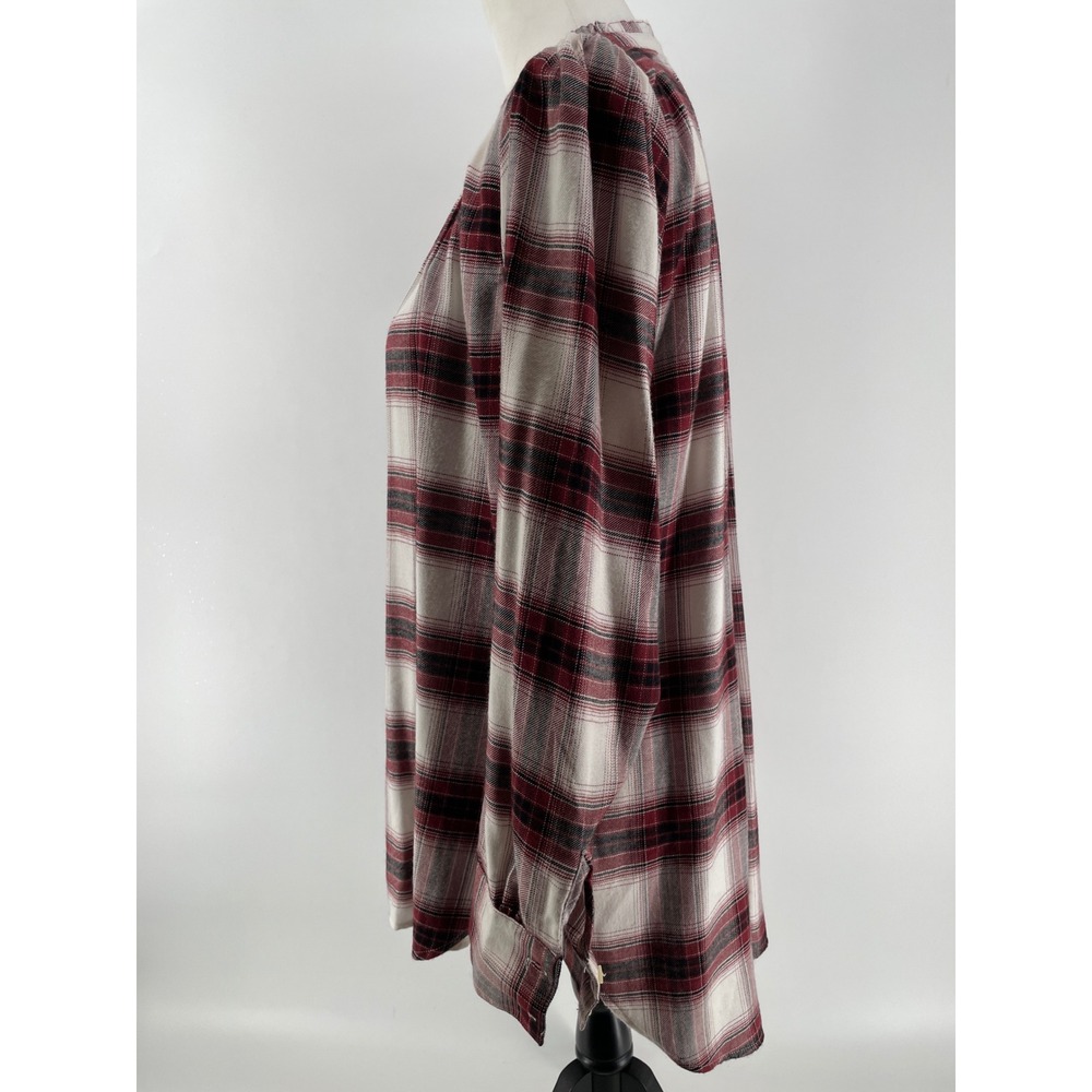LOFT Plaid Ruffle Neck Flannel Top Womens Medium Burgundy Button Cottagecore - Picture 4 of 8